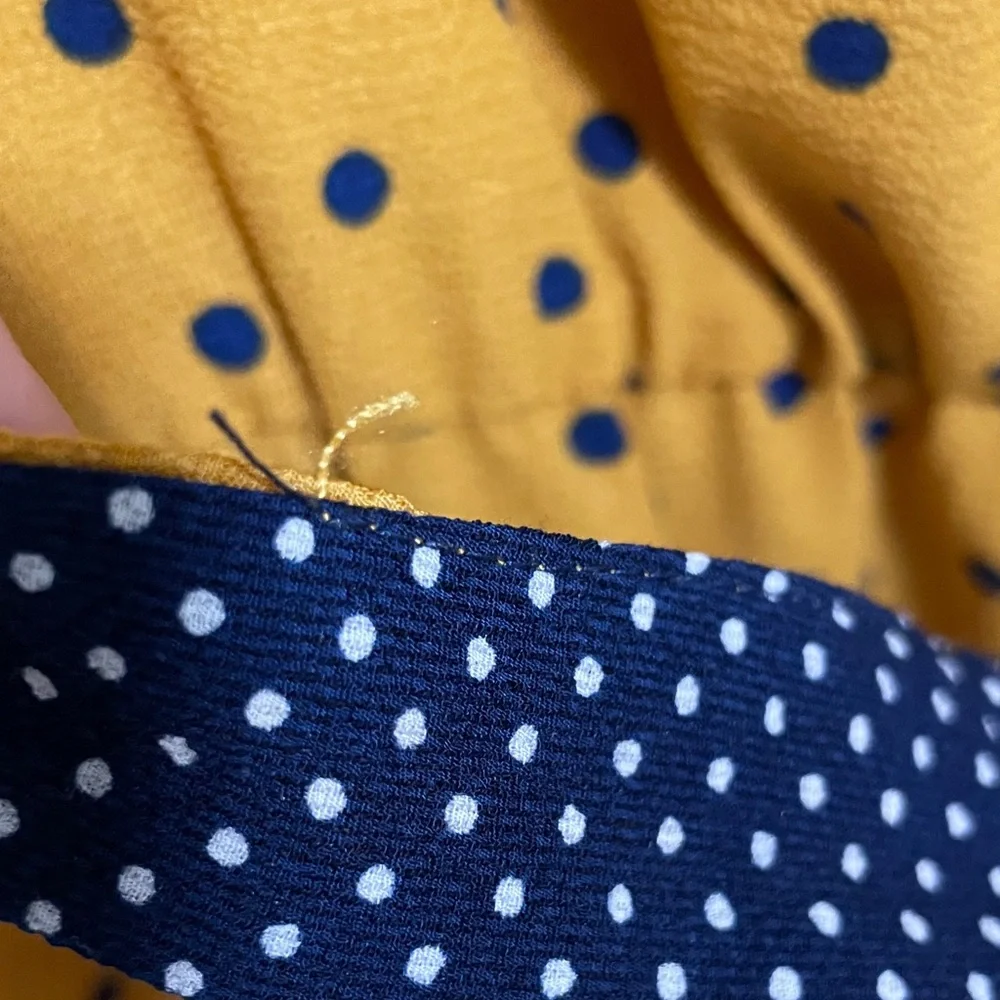 Wrapper Mustard Polka Dot Midi Dress with Navy Accent - Picture 10 of 11